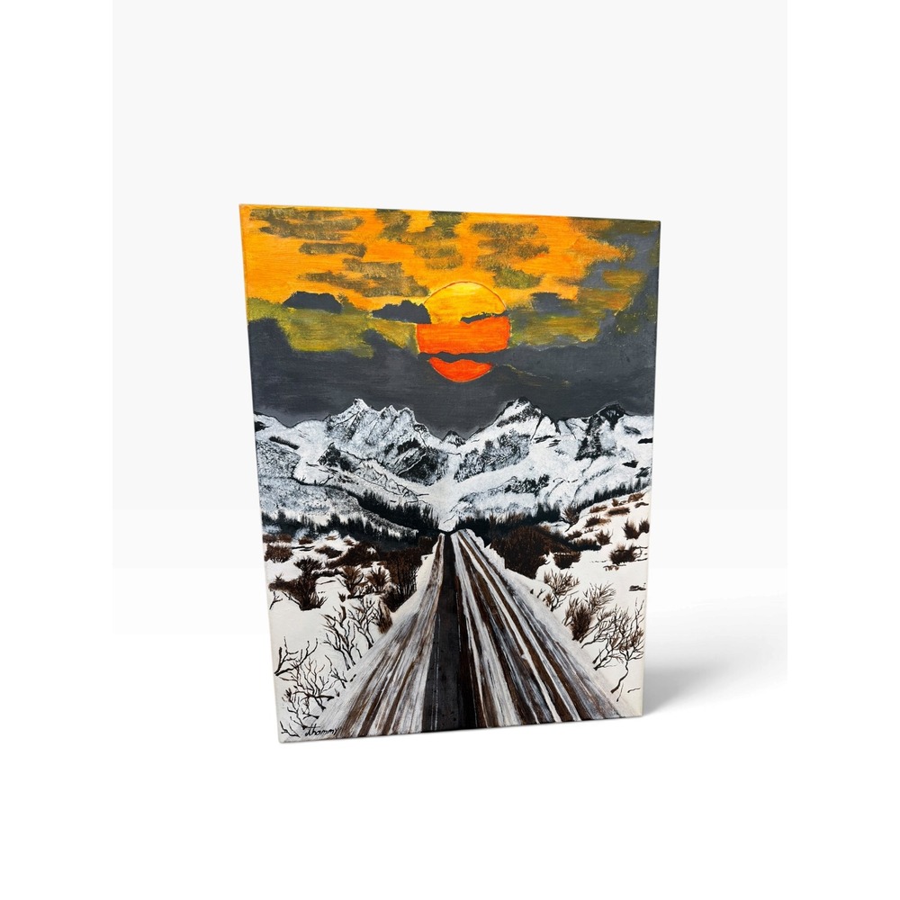 Original Mountain Sunset Landscape Painting on Canvas Snowy Road Art 18x24